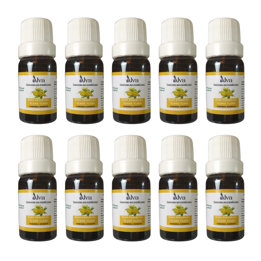 Kit com 10 Óleos Essenciais de YlangYlang 100% Puro - Alva - Frasco de vidro gotejador com 10ml cada