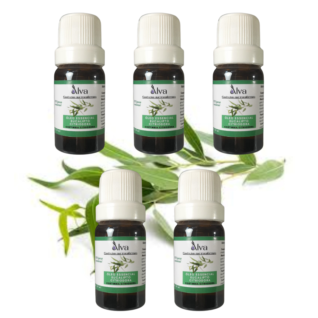 Kit com 5 Óleos Essenciais Eucalipto Citriodora 100% Puro - Alva - Frasco de vidro e gotejador
