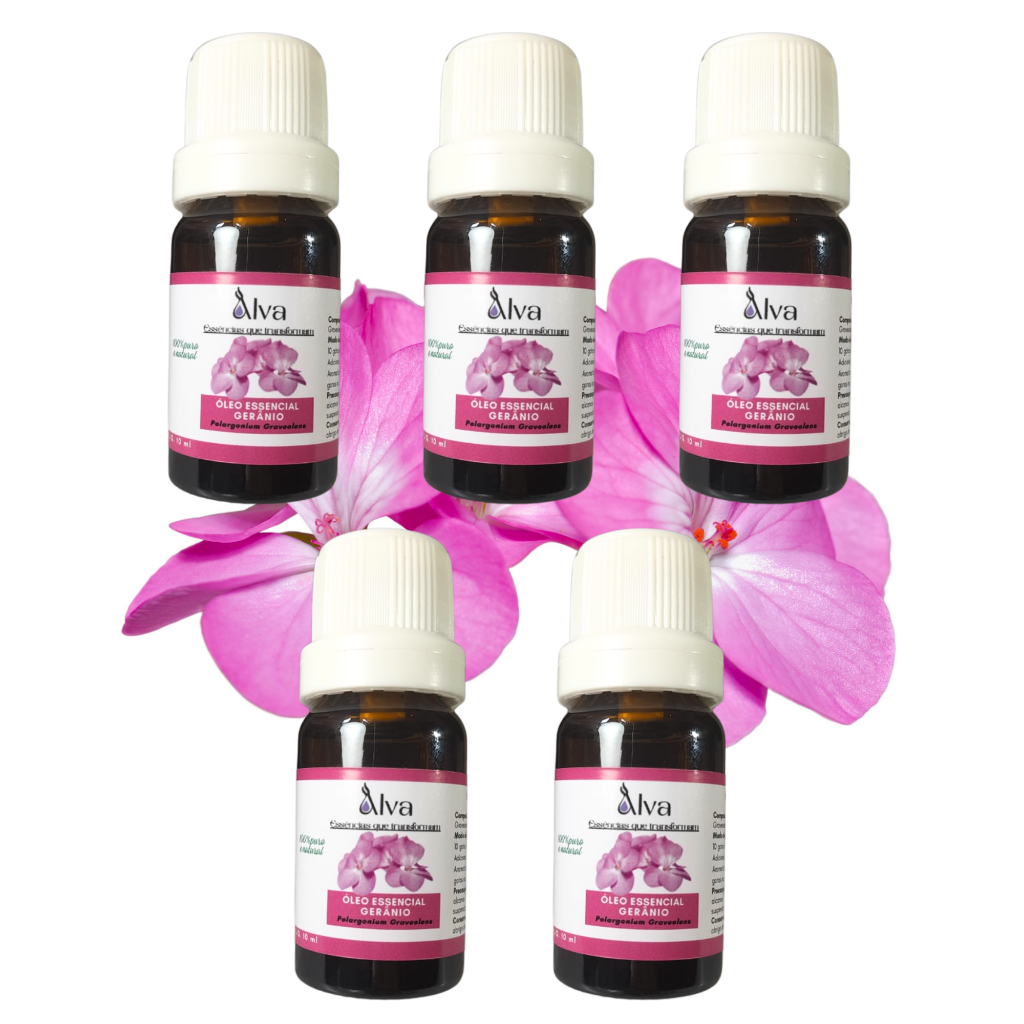 Kit com 5 Óleos Essenciais de Gerânio 100% Puro - Alva - Frasco de vidro e gotejador com 10 ml cada