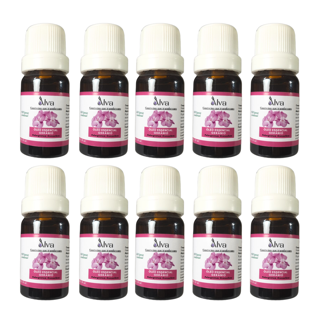 Kit com 10 Óleos Essenciais de Gerânio 100% Puro - Alva - Frasco de vidro e gotejador com 10 ml cada