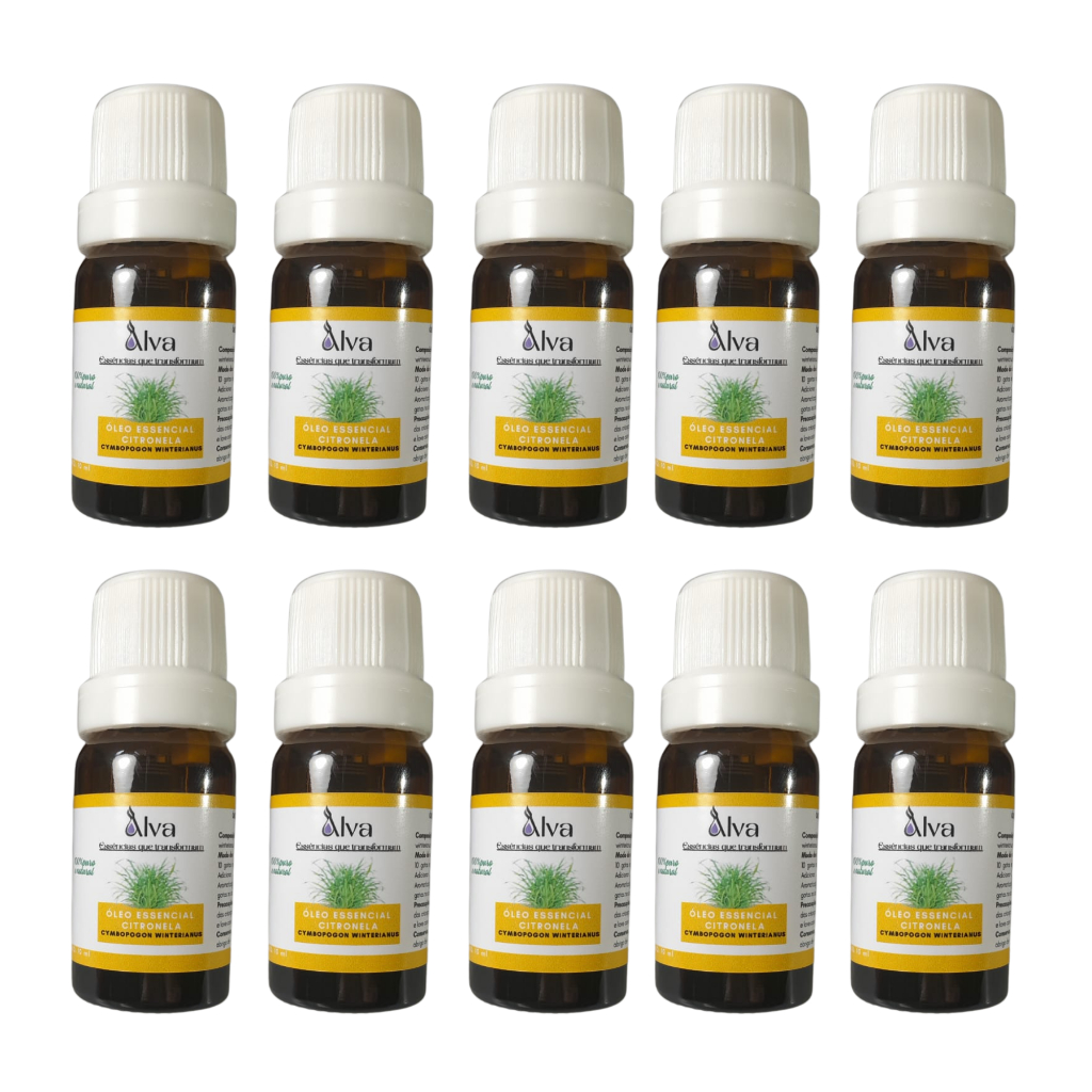 Kit com 10 Óleos Essenciais de Citronela 100% Puro - Alva - Frasco de vidro gotejador  com 10ml cada