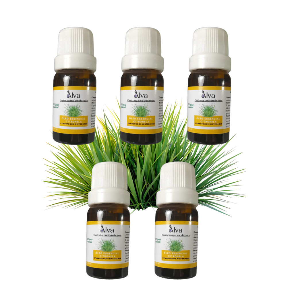 Kit com 5 Óleos Essenciais de Citronela 100% Puro - Alva - Frasco de vidro gotejador  com 10 ml cada