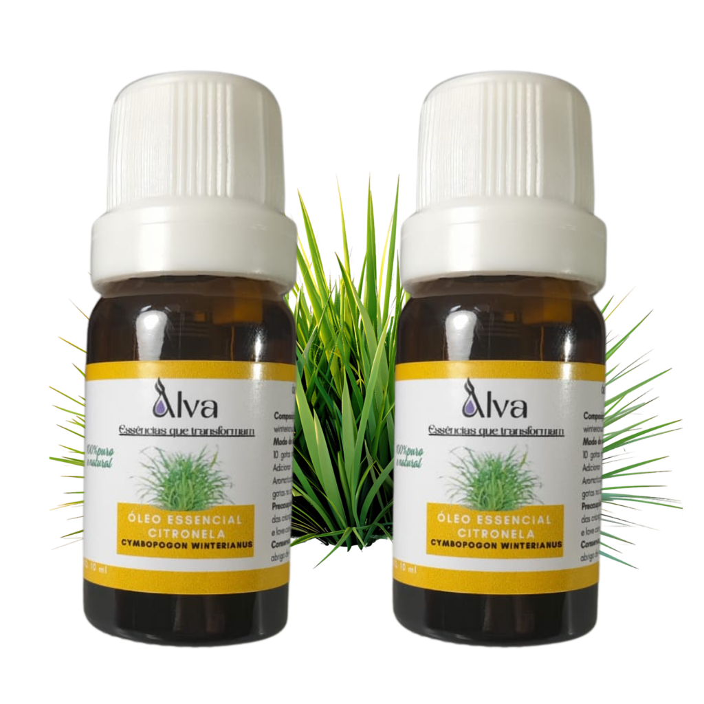 Kit com 2 Óleos Essenciais de Citronela 100% Puro - Alva - Frasco de vidro gotejador  com 10 ml cada