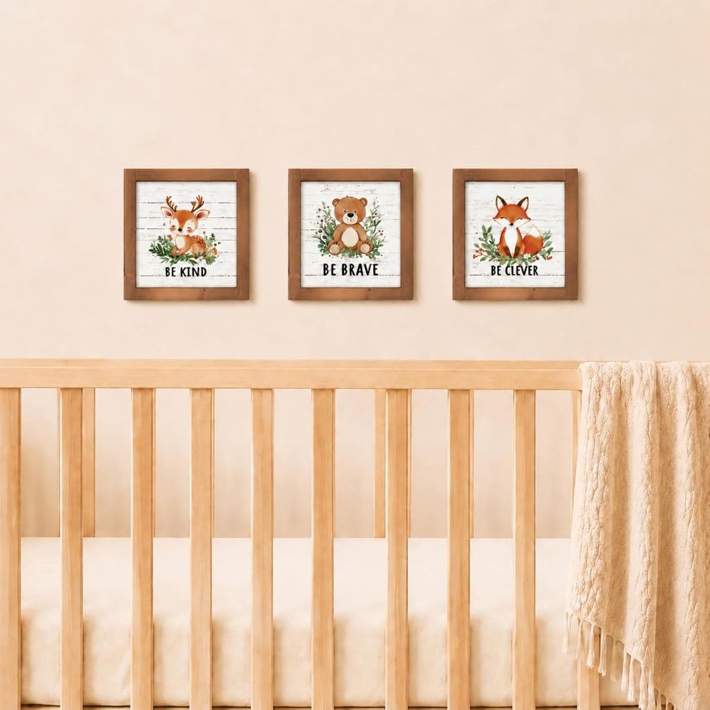 pechpell Woodland Nursery Wall Decor Set of 3, Wooden Woodland Animal Theme Bear Fox Deer Framed Wall Art for Nursery Ab