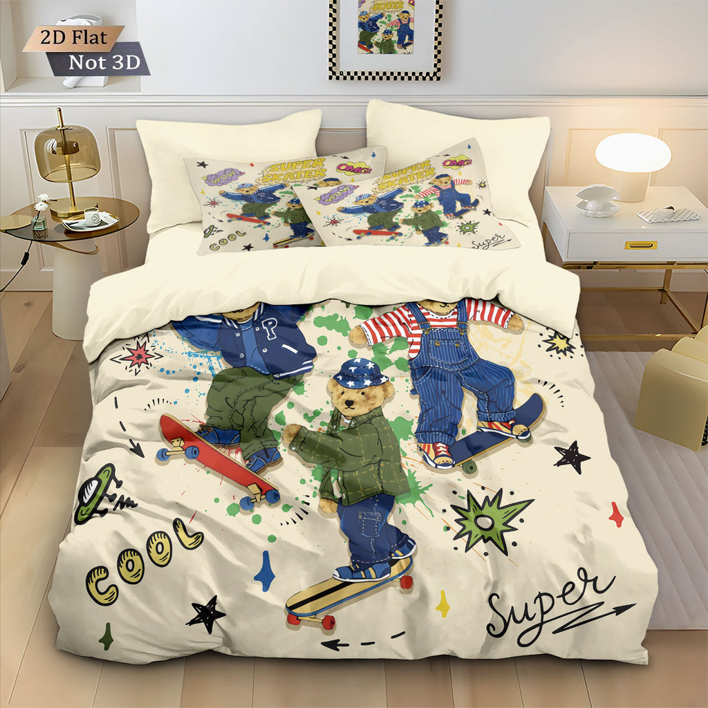 3 Pçs Dos Desenhos Animados Skate Urso De Pelúcia Impressão Coreless Capa Edredão Conjunto Multi Tamanho Quarto Cama Dec