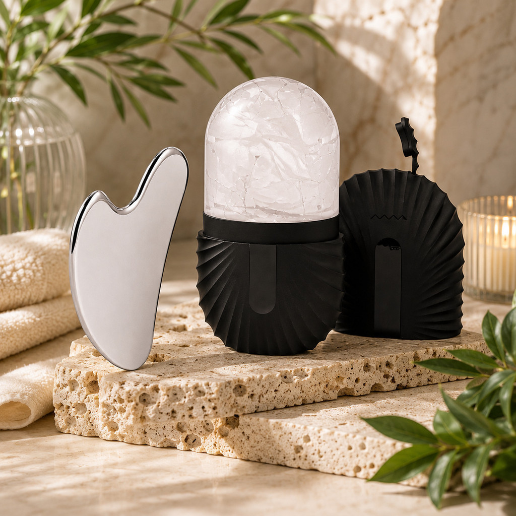 Kit Massageador Facial Ice Roller + Gua Sha / Aço Inoxidável para Rosto, Pescoço e Skincare---WJA