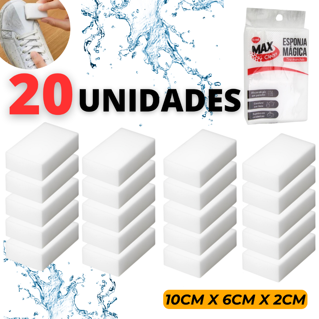 Kit 20 Esponjas Mágica Bucha Melamina Tira Manchas E Riscos Limpa Tênis Max Clean