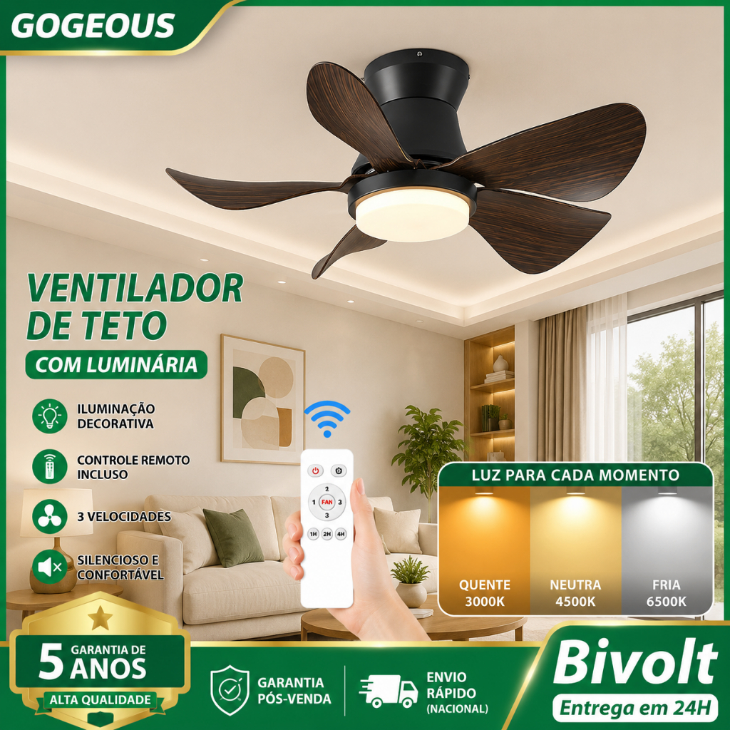Ventilador de Teto com Luz 3 Cores 3200K 4000K 6000K 110V 220V 25W Controle Remoto 24 Polegadas Para Quarto Sala