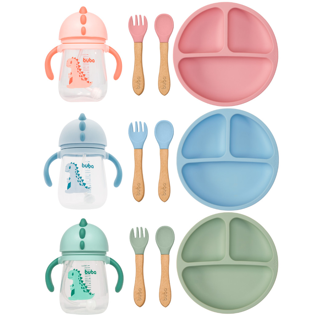 Kit Introdução Alimentar Buba 4 Peças Prato Silicone Ventosa Kit Talher Silicone Copo Dino 240ml
