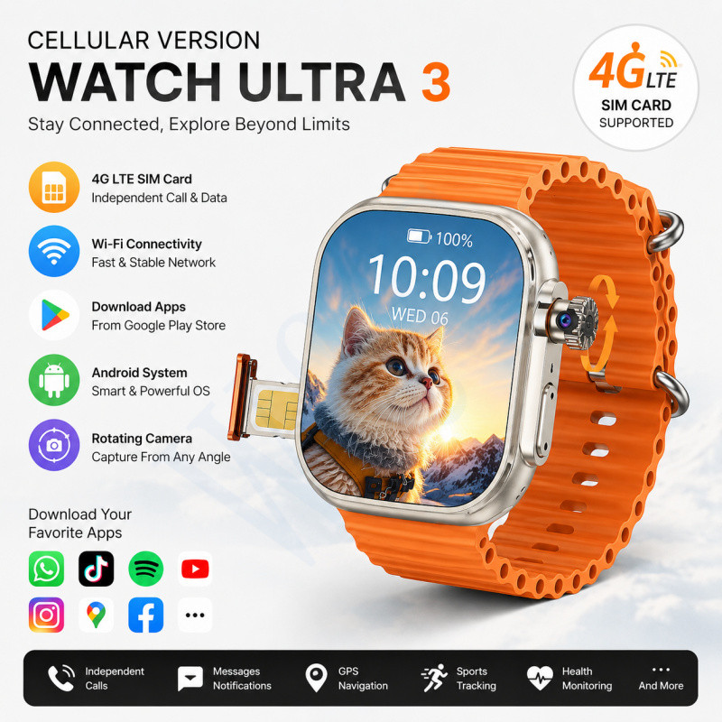 Versão Celular Relógio ULTRA3 B31 Smartwatch Inteligente Cartão SIM WiFi 5G Android S10 Ultra Câmera Google Play Store A