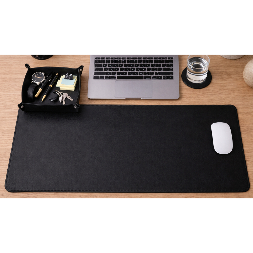 Kit Organizador MousePad Deskpad 70x30cm + Porta Treco + Porta Copo Couro Sintético Escritório Mesa Home Office