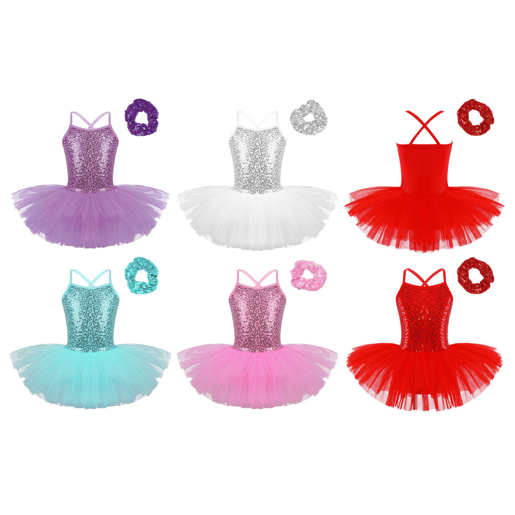 MSemis Kids Girls Ballet Dance Performance Costume Sequined Tutu Dress with Hair Tie Headwear