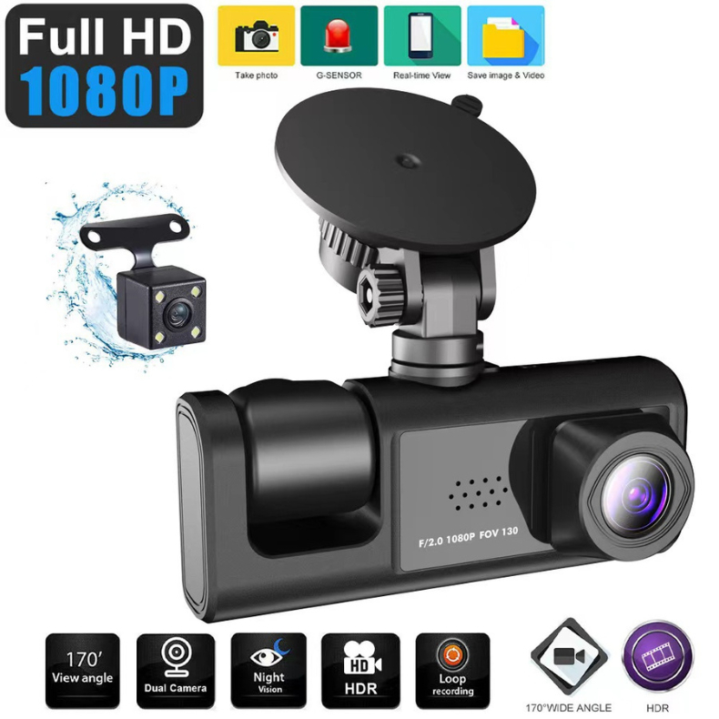 Camera 3 Lens Vehicles Security Video Recorder Record Front, Inside and Rear View
