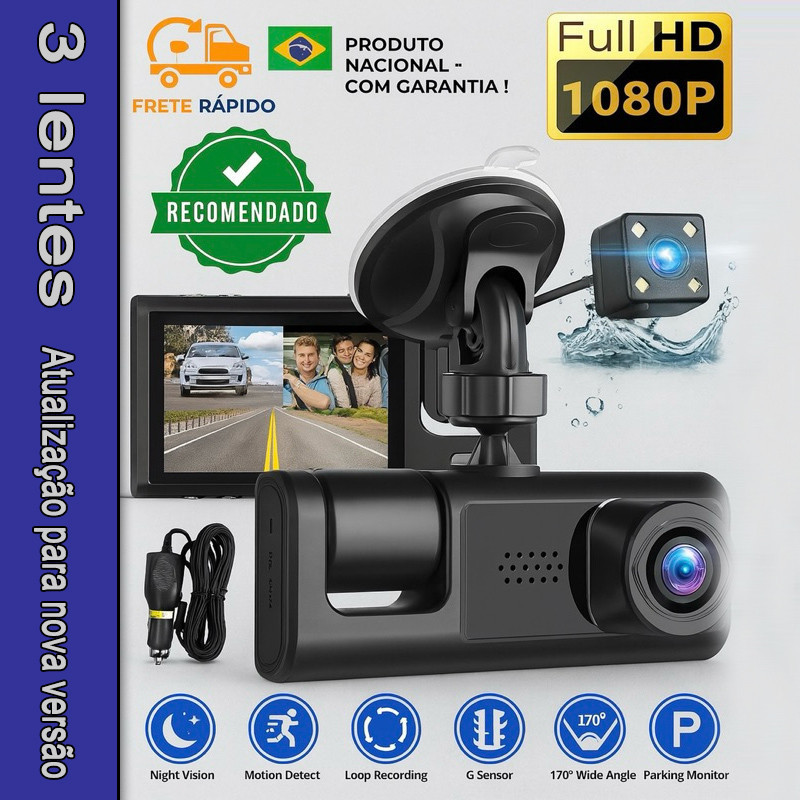 HD 3 Lens DVR Vehicles Security Camera 1080P Video Recorder Record Front, Inside And Rear View