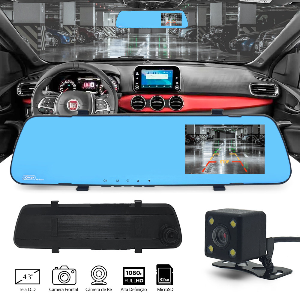 Kit Retrovisor c/ Tela + Câmera Frontal e Ré Idea 2006 2007 2008 2009 2010 2011 Estacionamento Linhas de Grade
