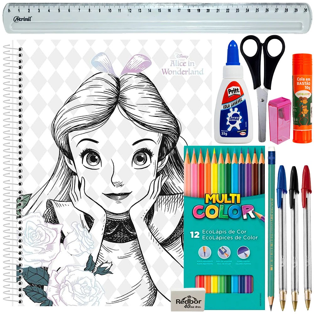 Kit Escolar Alice Lápis de cor 12 Cores Grafite Borracha Cola Tenaz Bastão 3 Canetas Bics Tesoura Apontador Borracha ORG