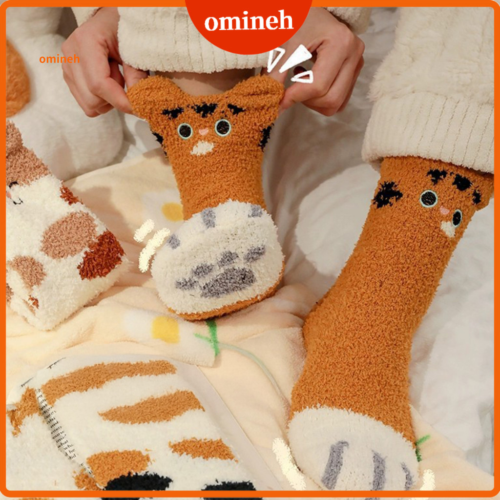 Cat Design Socks Cozy Print Fuzzy Plush Sleep – Warm Stretchy Breathable Winter Indoor for Home Lounge Christmas Gift