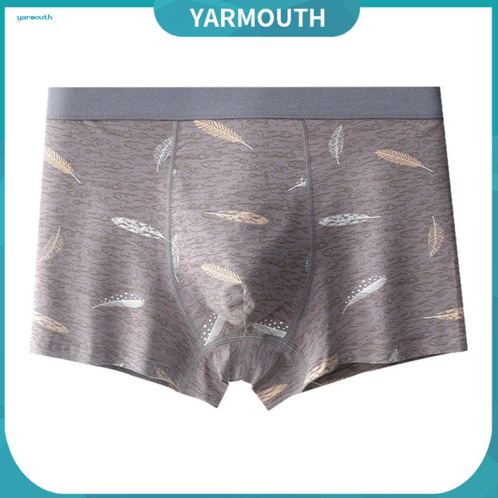 Elastic Mid-waist Boxer Briefs Men's Slim Fit High Elasticity Breathable Feather Print Smooth U-convex Design Comfortabl