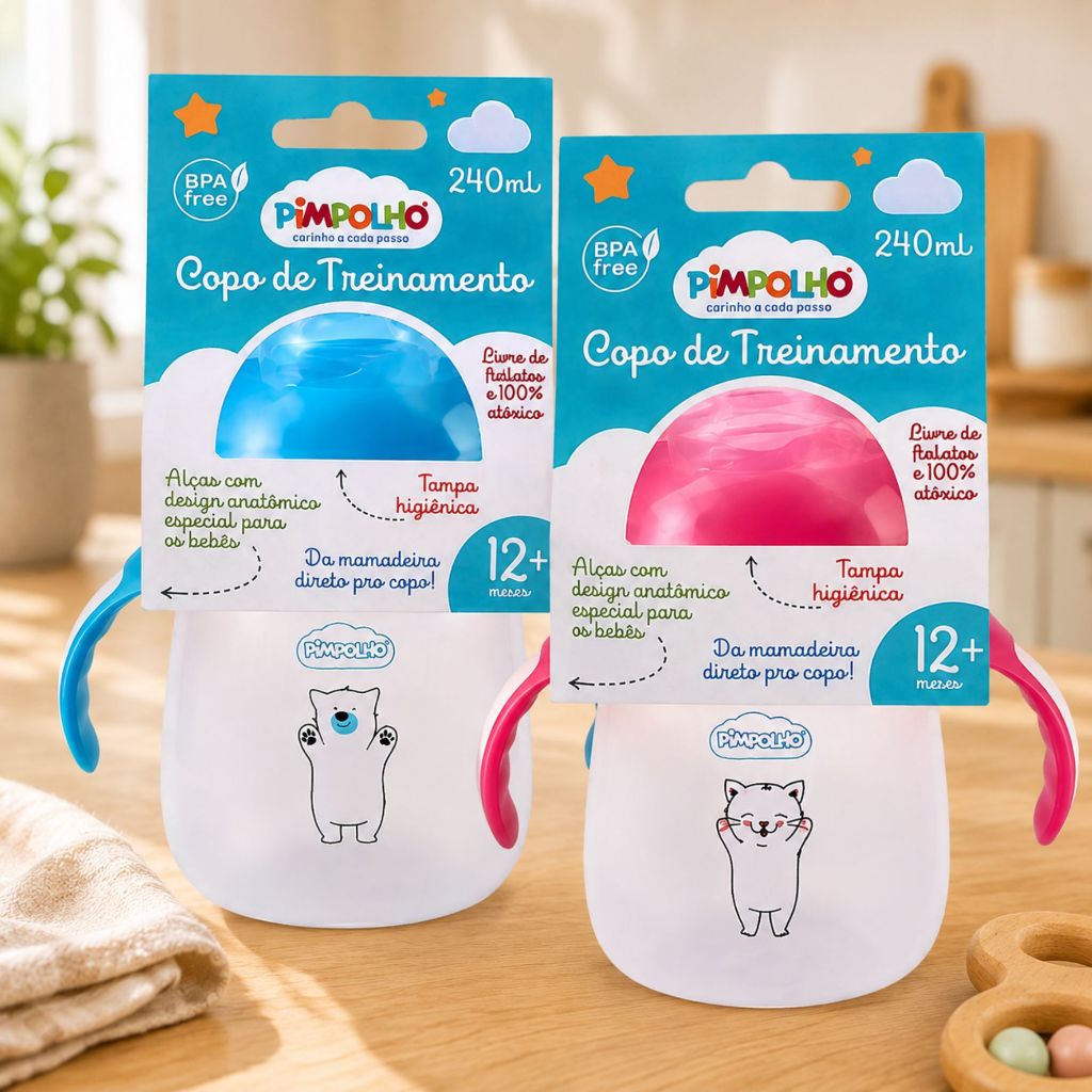 Copo de Treinamento Infantil Pimpolho 240ml com Bico de Silicone Antivazamento +12 Meses