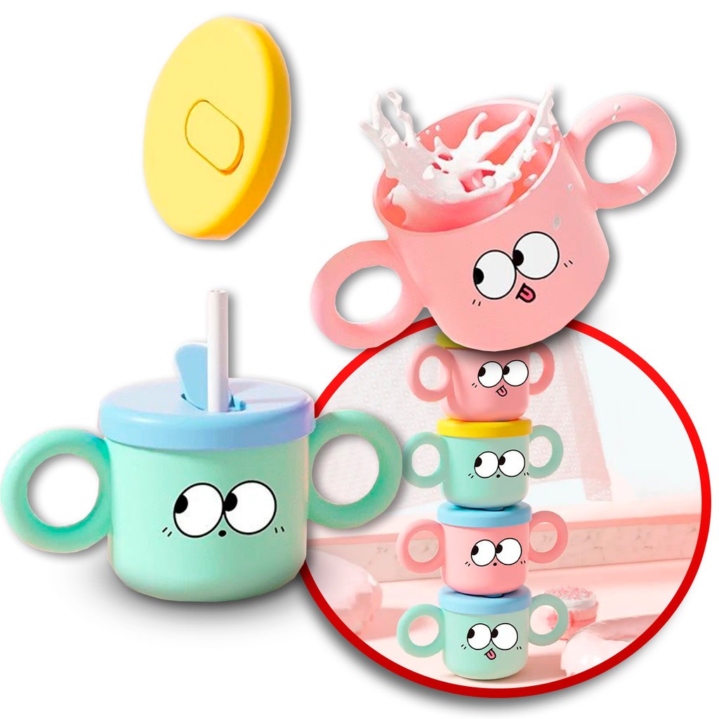 2 Copo Infantil Transição Treinamento Antivazamento 240ml Com Canudo de Silicone Alça Menino Menina