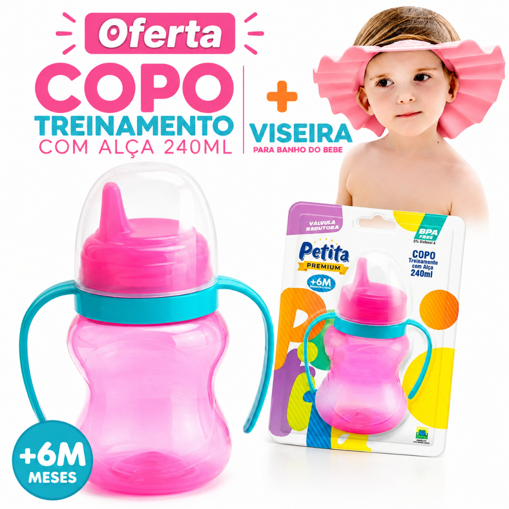 Kit especial bebê Copo treinamento antivazamento 240ml com alça liso  azul e corpo Rosa- Petita Premium