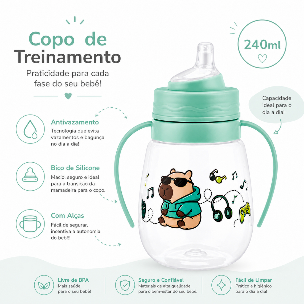Copo de Treinamento para Bebê 240ml com Alça + Bico Silicone Antivazamento