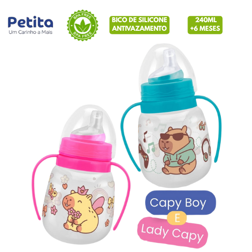 Petita Copo de Treinamento Com Alça 240ML C/ Bico de Silicone Antivazamento Menina e Menino
