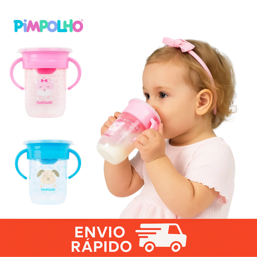 Copo Antivazamento Gira 360 Graus Com Alça 240ML Pimpolho Bebe Treinamento Introdução Alimentar