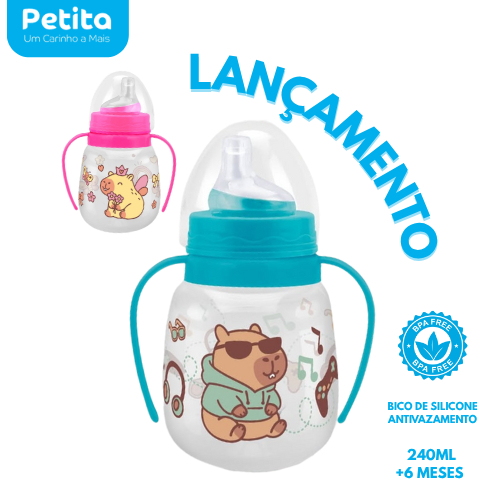 Copo de Treinamento Petita Com Alça 240ML C/ Bico de Silicone Antivazamento Menina e Menino