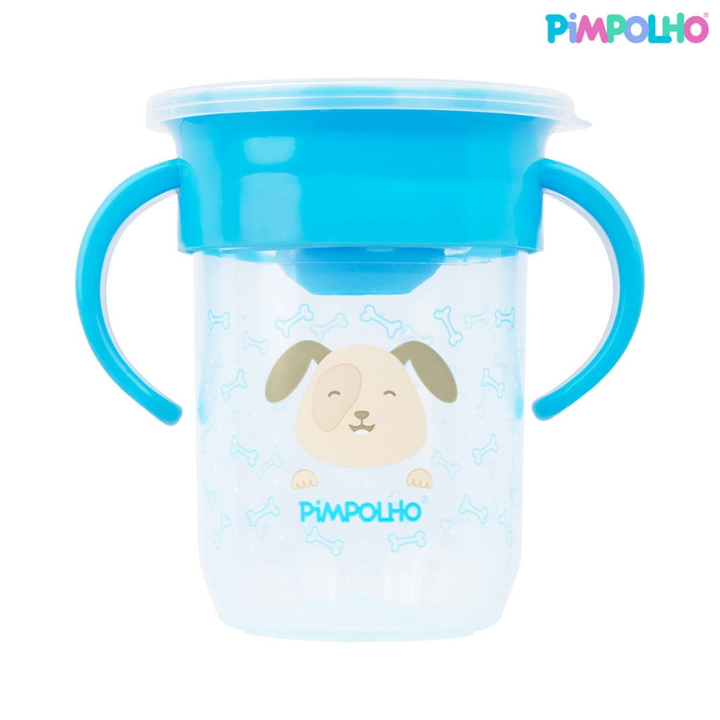 COPO DE TREINAMENTO 360º sistema antivazamento C/ALÇA E TAMPA 240ML AZUL ESTAMPA CACHORRO PIMPOLHO