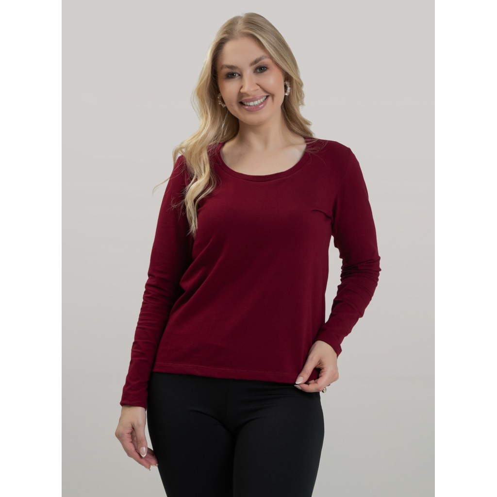 Blusa Feminina em Cotton Premium Decote U com Manga Longa Lisa Lia Vinho Blusa Frio Inverno Estilosa