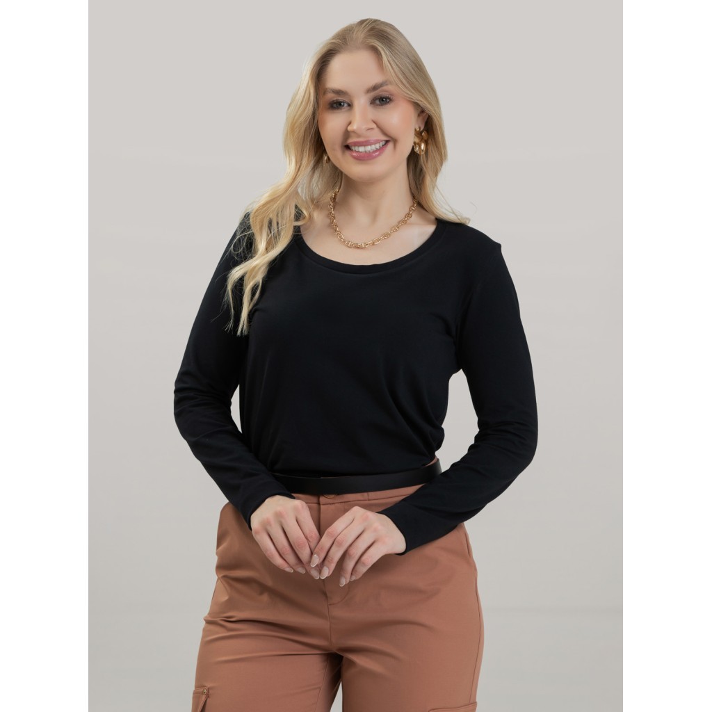 Blusa Feminina em Cotton Algodão Premium Decote U com Manga Longa Lisa Lia Inverno Frio Confortável