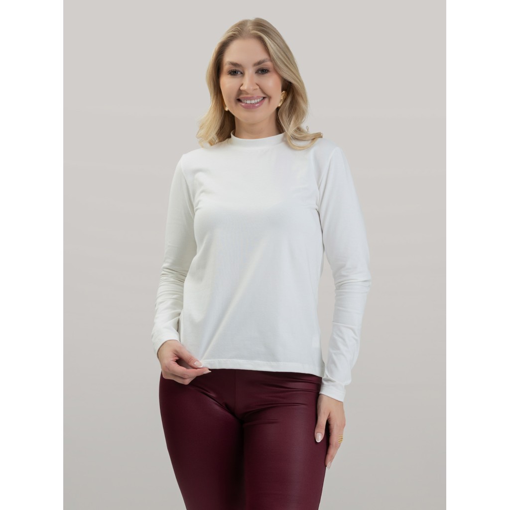 Blusa Feminina em Cotton Premium Gola Alta com Manga Longa Lisa Nina Off White Frio Inverno Estilosa
