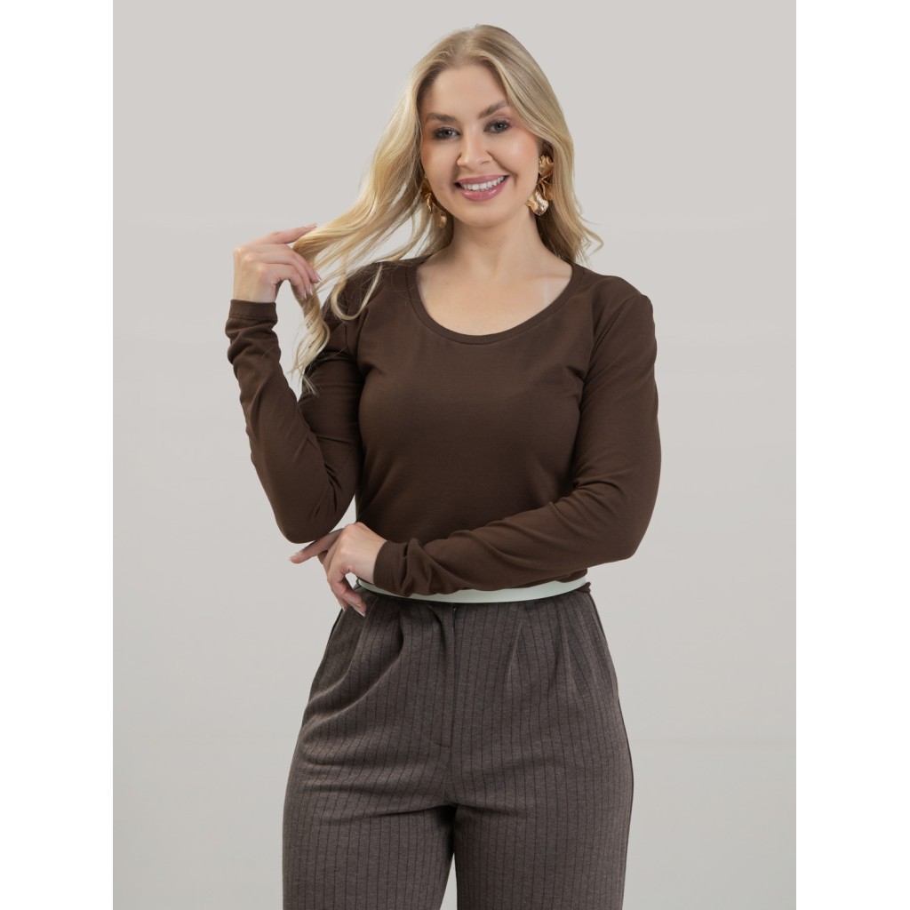 Blusa Feminina em Cotton Premium Decote U com Manga Longa Lisa Lia Marrom Café Frio Inverno Estilosa