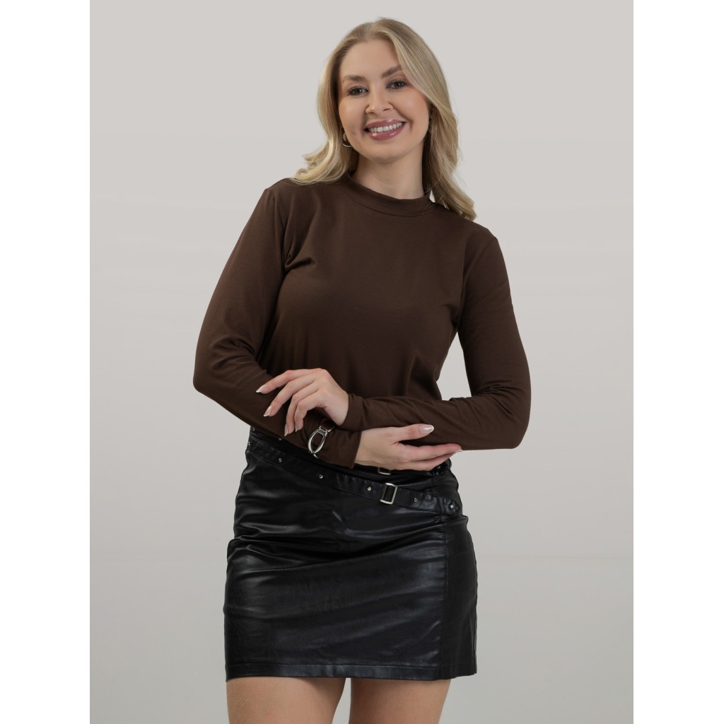 Blusa Feminina em Cotton Premium Gola Alta com Manga Longa Lisa Nina Marrom Café Frio Inverno Estilo