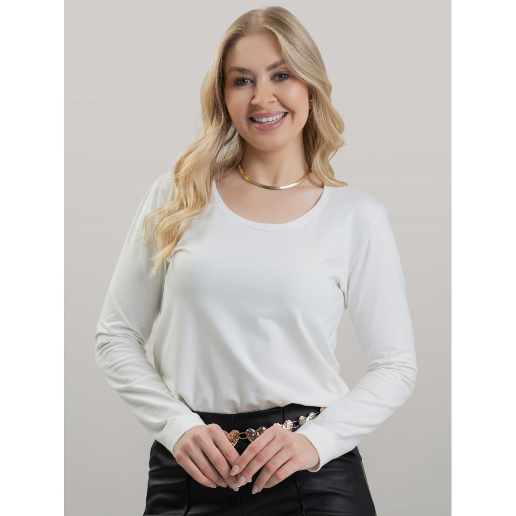 Blusa Feminina em Cotton Premium Decote U com Manga Longa Lisa Lia Off White Frio Inverno Estilosa