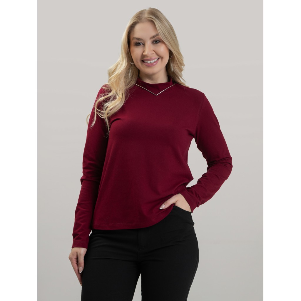 Blusa Feminina em Cotton Premium Gola Alta com Manga Longa Lisa Nina Vinho Frio Inverno Estilosa