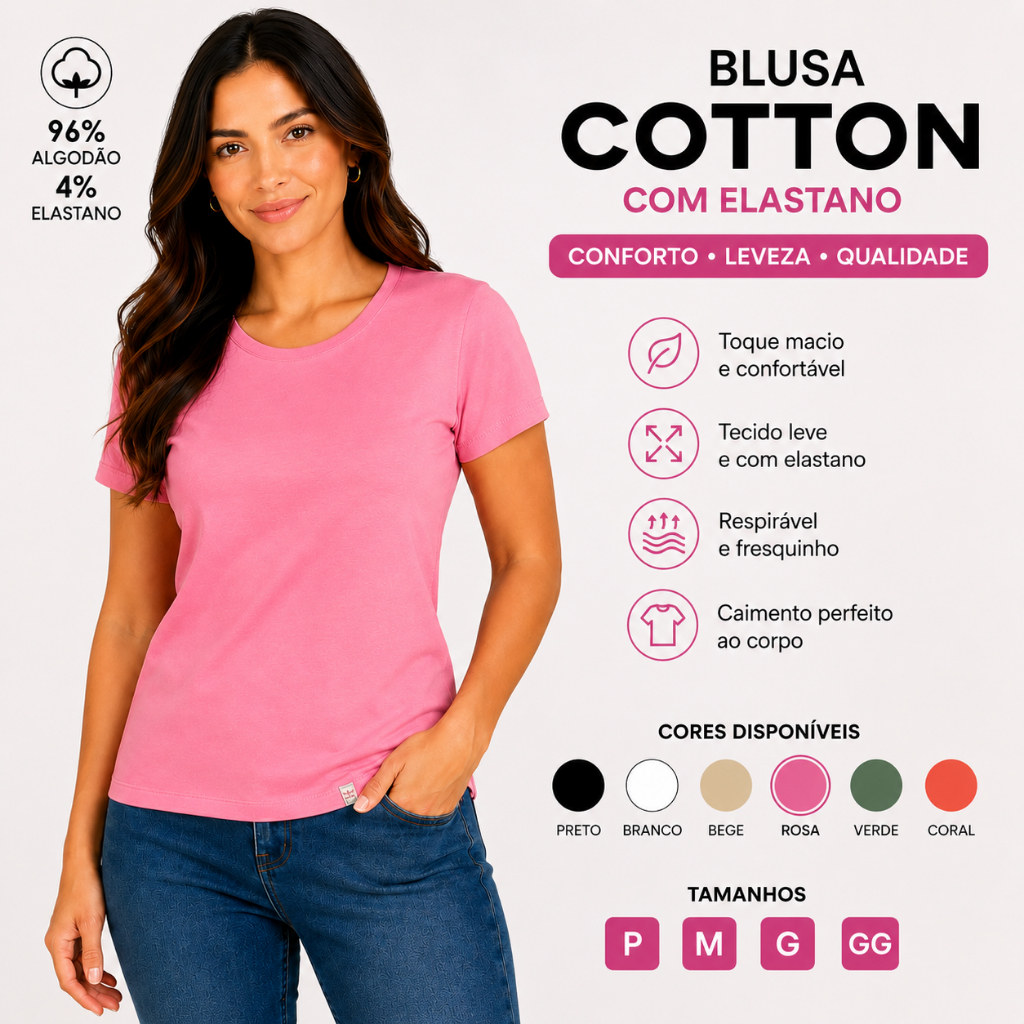 Blusa Feminina Básica Algodão Cotton Gola Redonda Casual Camiseta Dia a Dia Verão  25615-A