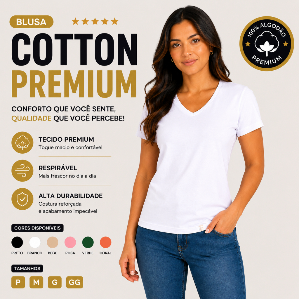 Blusa Feminina Básica Decote V Algodão Cotton Elastano Lisa Camiseta Casual Verão  25616-A