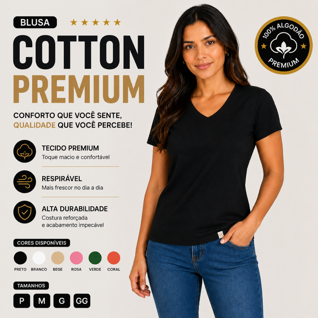 Blusa Feminina Básica Decote V Confortável Camiseta Algodão Cotton Casual Dia a dia Verão 25616-C2