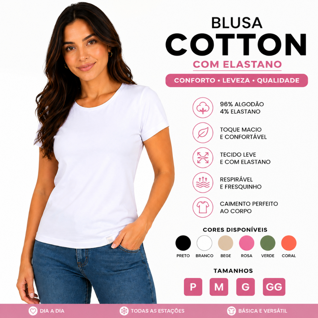 Blusa Feminina Casual Básica Cotton Elastano Gola Redonda Confortável Camiseta Verão 25615-C1