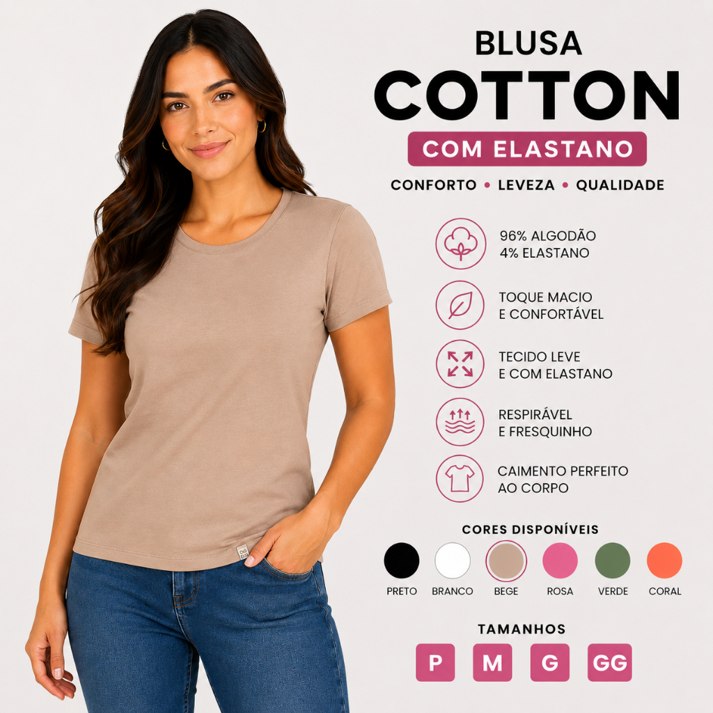 Blusa Feminina Algodão Cotton Básica Gola Redonda Camiseta Casual Estilo Verão 25615-C2