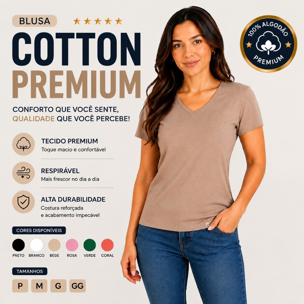 Blusa Feminina T-shirt Básica Cotton Elastano Decote V Manga Curta Estilo Casual 25616-C3