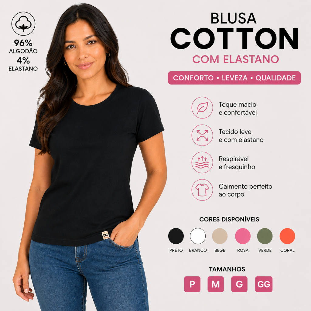 Blusa Feminina Gola Redonda Algodão Cotton Camiseta Básica Manga Curta Verão 25615-C3