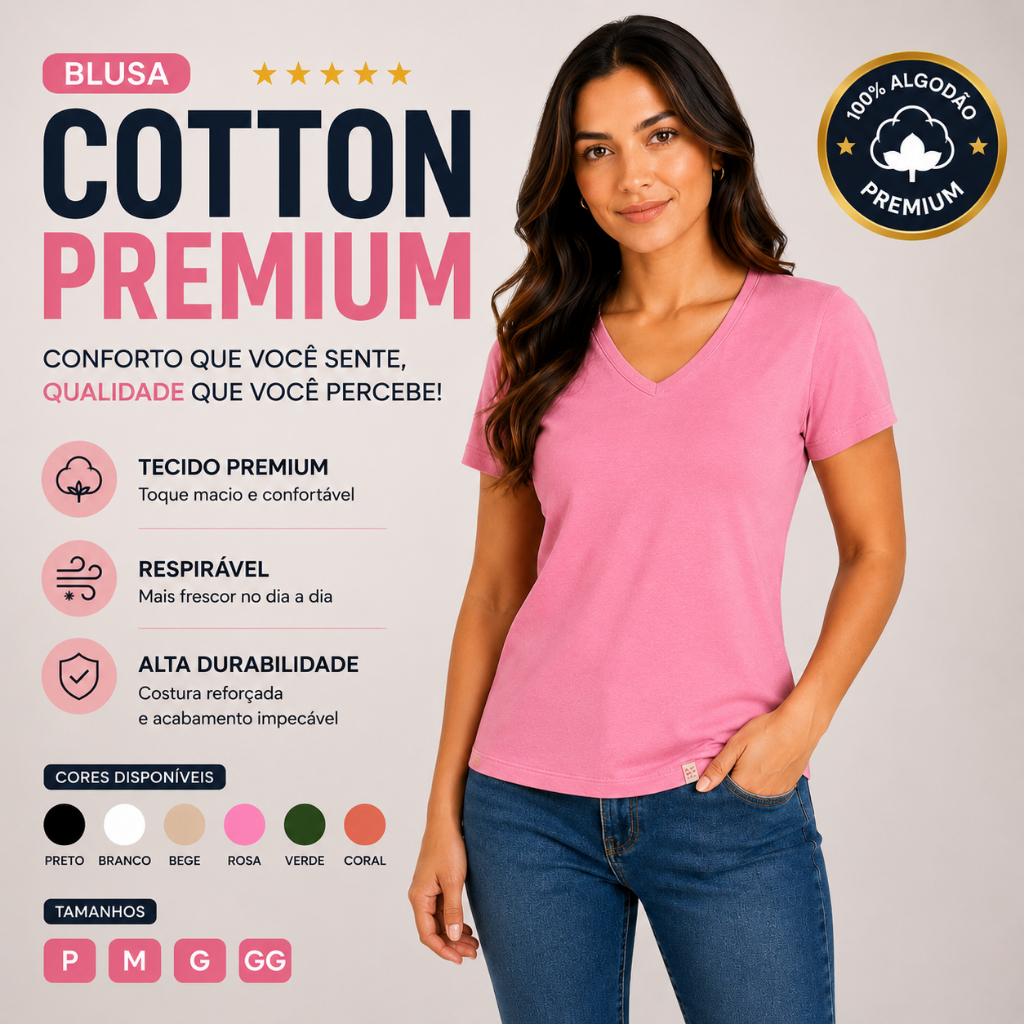 Blusa Feminina Básica Decote V Algodão Cotton Lisa Camiseta Moda Casual Dia a Dia Verão  25616-C1