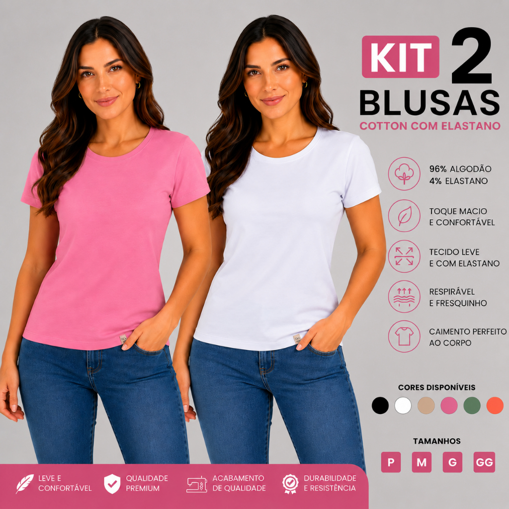 Kit 2 Blusa Feminina Algodão Cotton Básica Leve Fresca Camiseta Confortável Dia a Dia 25615-K2-C2