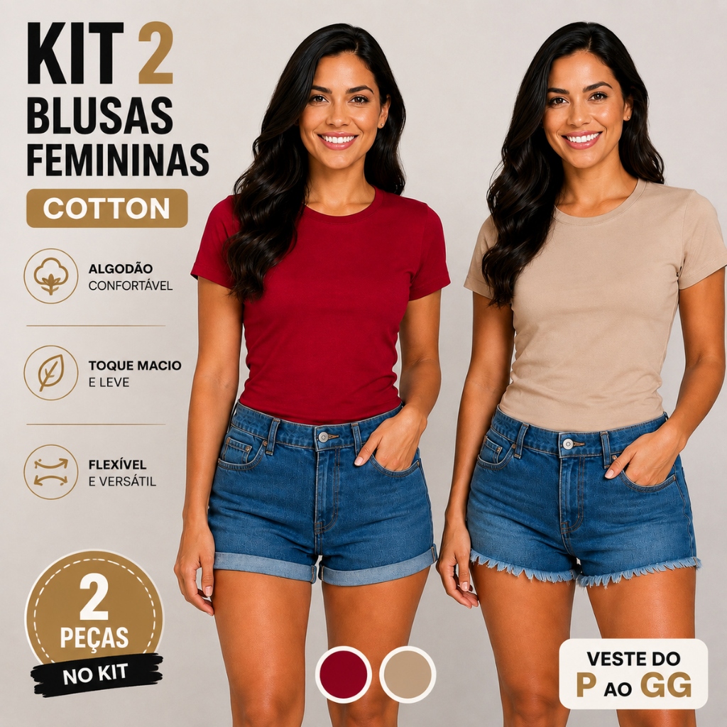 Kit 2 Blusas Femininas Cotton Básicas Confortáveis Casual Dia a Dia 26620-K2-C1