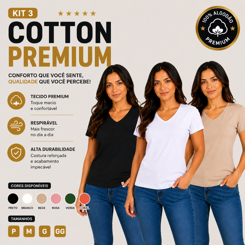 Kit 3 Camiseta Feminina Algodão Cotton Decote V Blusa Básico Confortável Dia a Dia Verão 25616-K3C1
