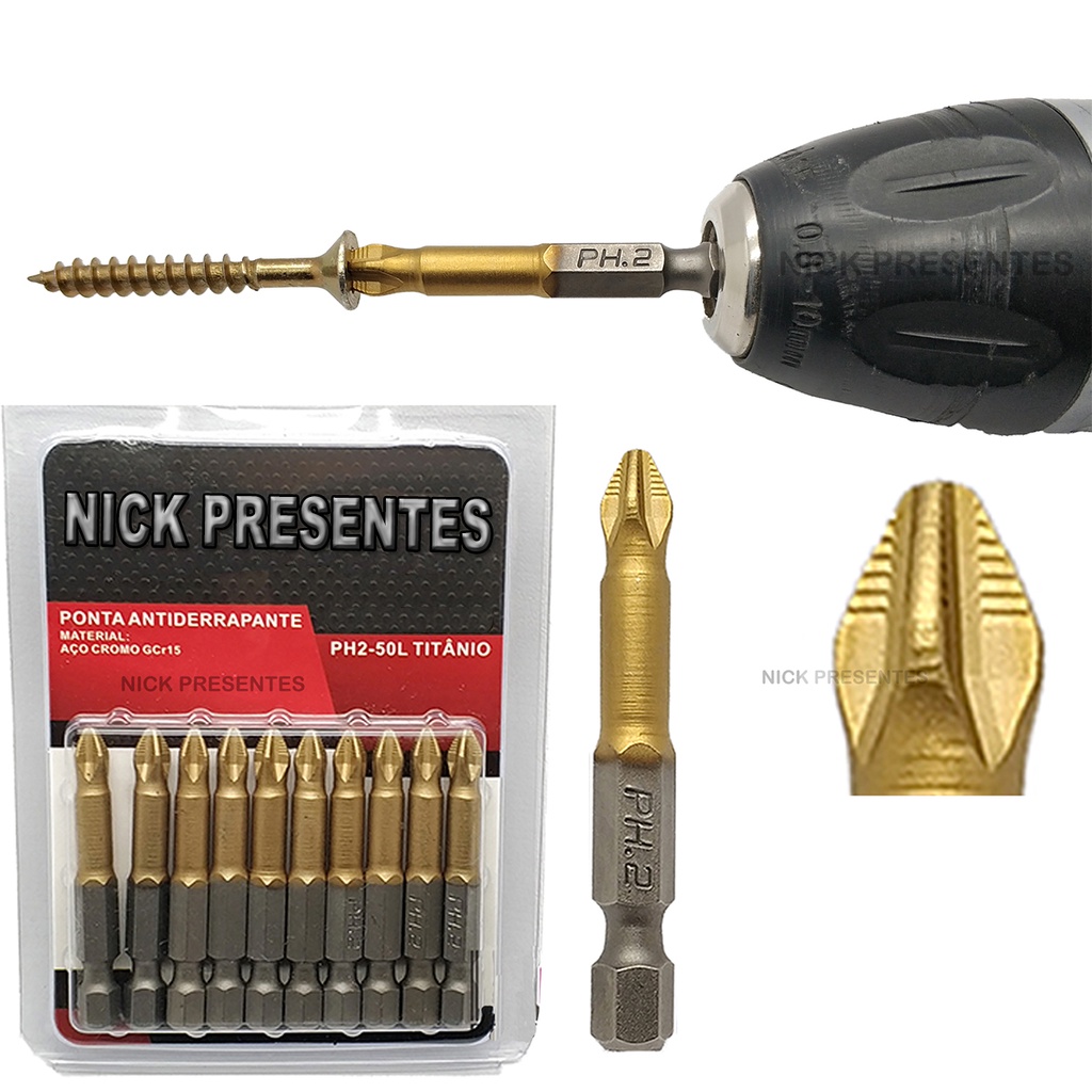 Pontas Bit antiderrapante PH2 50mm titânio Kit 10 peças magnéticas