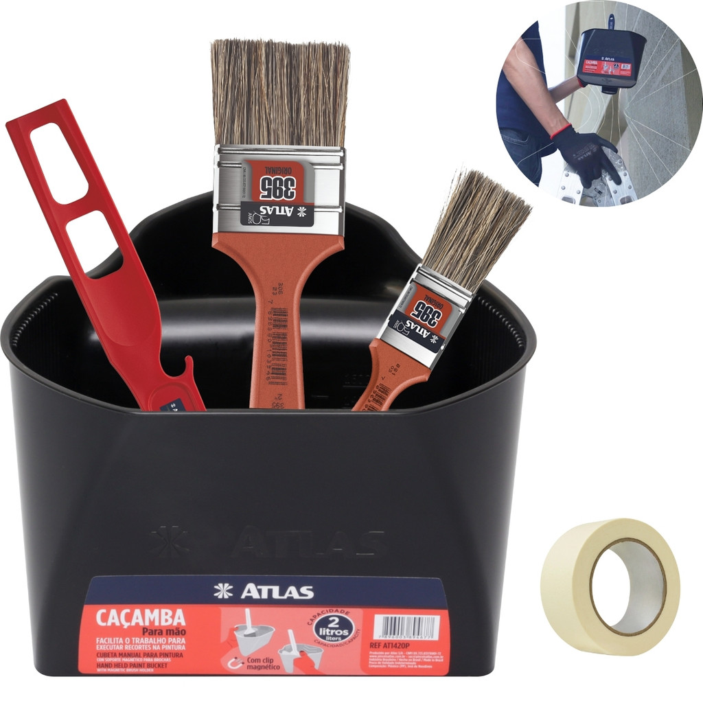 Caçamba Pintura 2L c/ Clip Magnético, Trinchas 25 e 50mm, Misturador e Fita Crepe